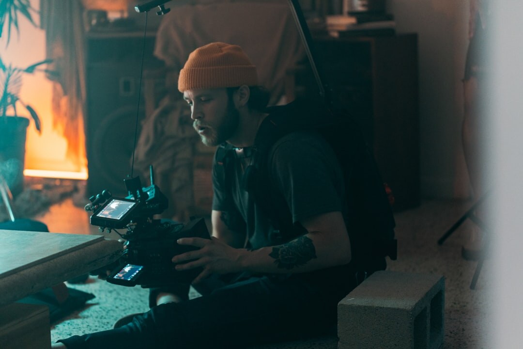 Finnish man video engineer with beard in studio