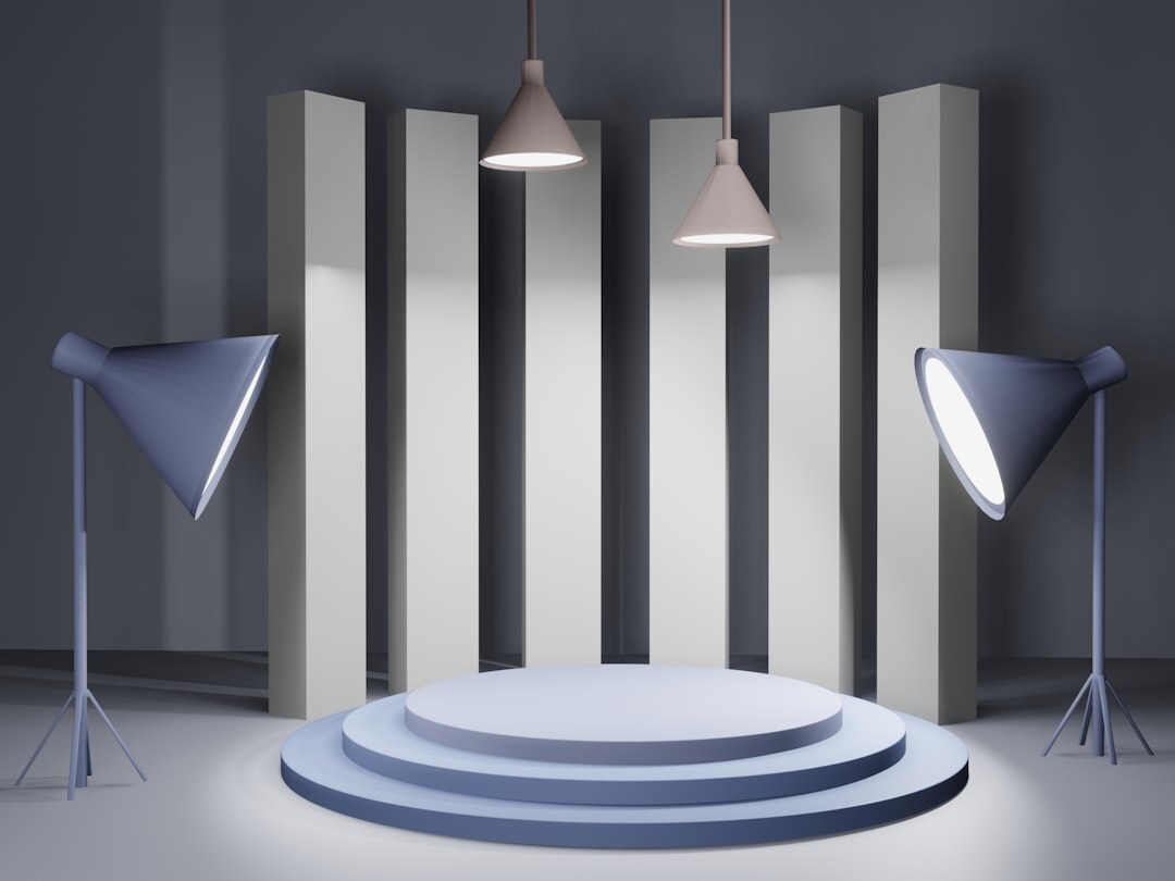 Empty television news studio set with lights